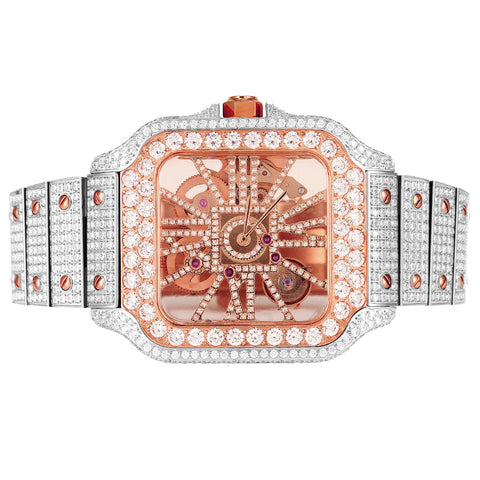 Moissanite Two Tone Rose Gold Skeleton Dial Watch