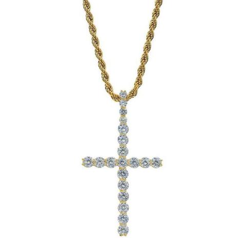 14K ICED CROSS W/ ROPE CHAIN