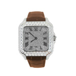 Moissanite Half Iced Brown Croco Leather Band Bezel 9.6ct Watch