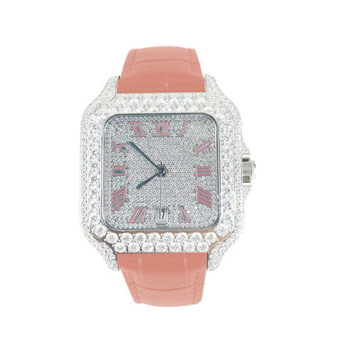 Moissanite 40mm Pink Leather Band Automatic Watch